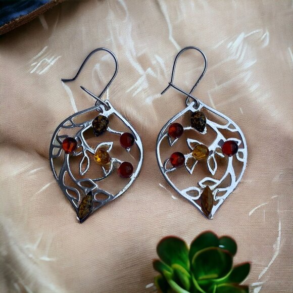 Sterling Silver 925 Amber Leaf Design Drop Dangle Earrings With 6 Amber Stones - Picture 1 of 9